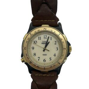 Vtg Timex Indiglo Mens Watch White Face Compass Bezel Brown Braided Leather Band